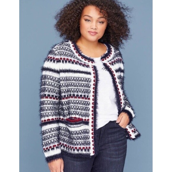 Lane Bryant Sweater Womens 14/16 Navy Cream Striped Open Front Eyelash Cardigan - Picture 1 of 9